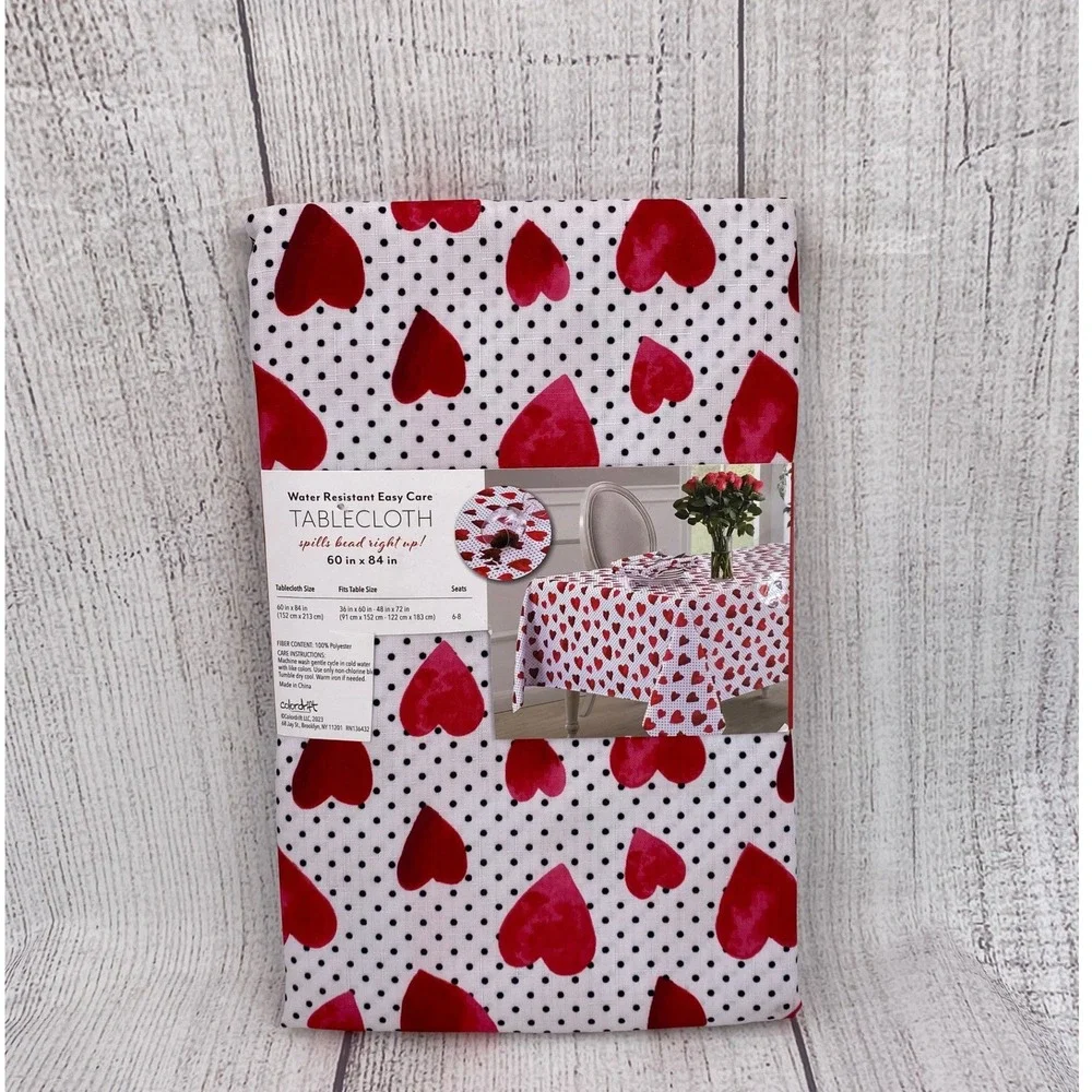 Colordrift Tablecloth 60x84 White Red Hearts Polka Dot Water Resistant Outdoor